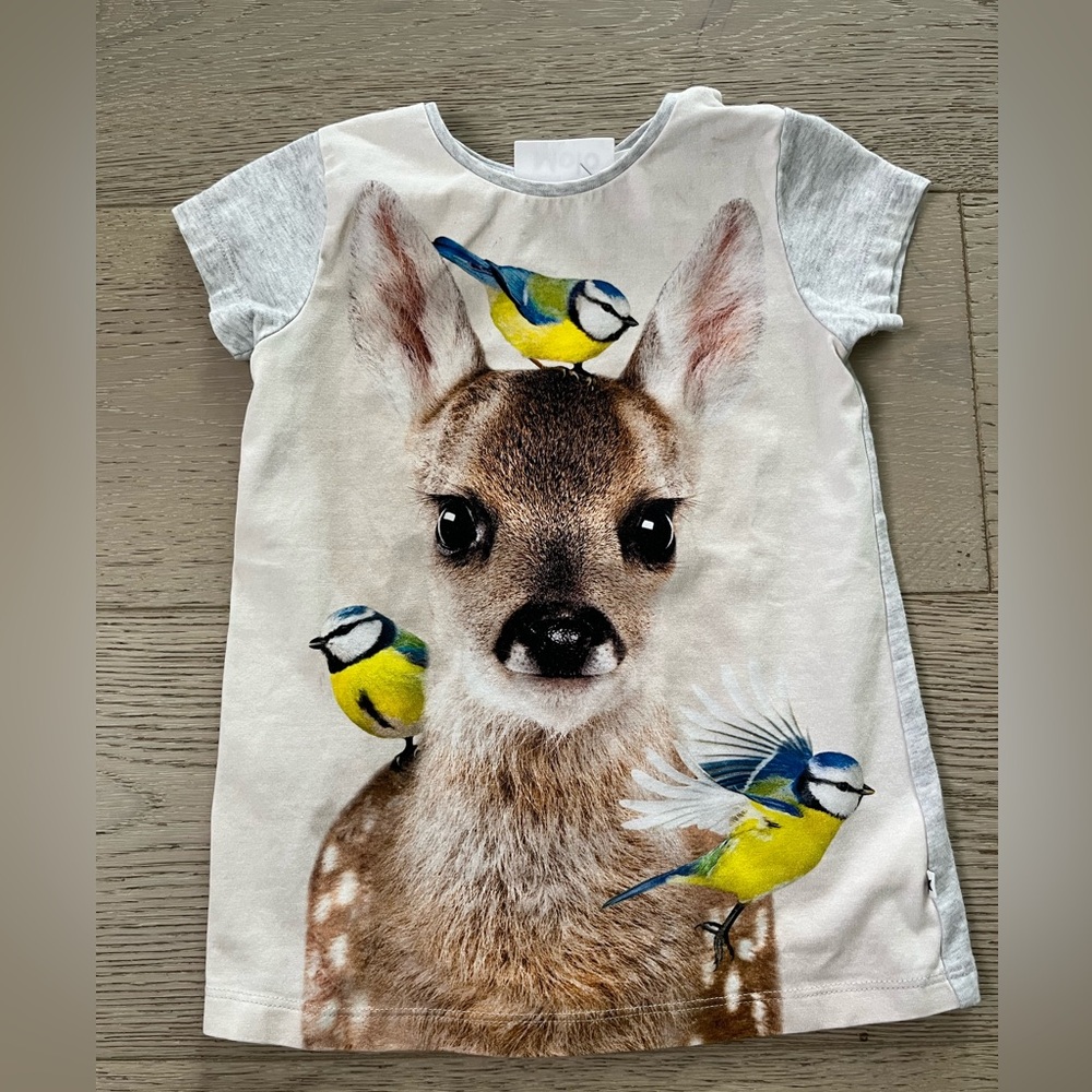 Molo Kids Dress with Deer and Birds Print - Gray and Yellow